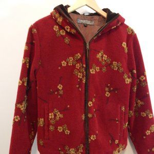 Vintage Tsunami Canada Red Fleece Cherry Blossom Print Hooded Jacket